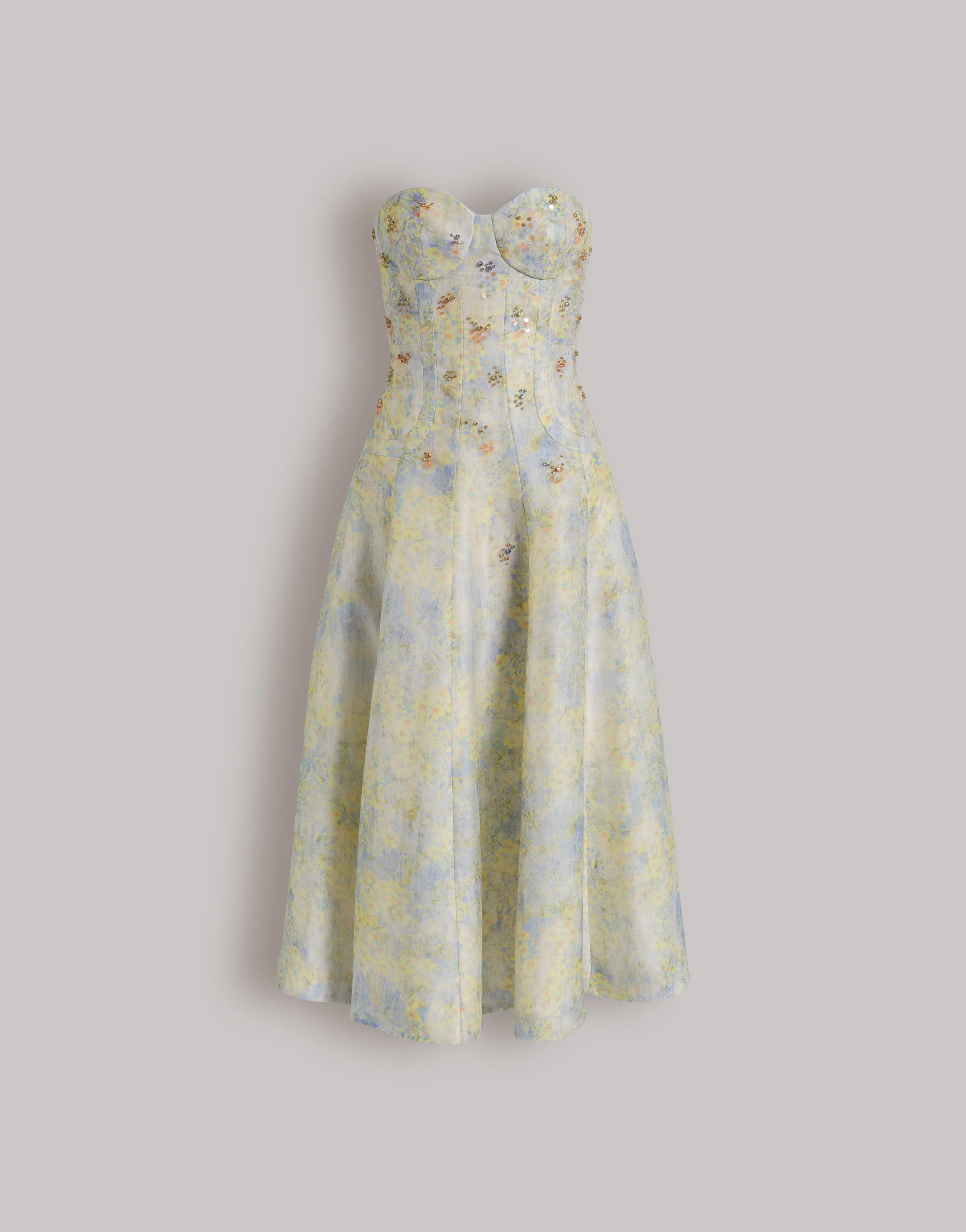 Abito bustier in organza di seta con stampa floreale