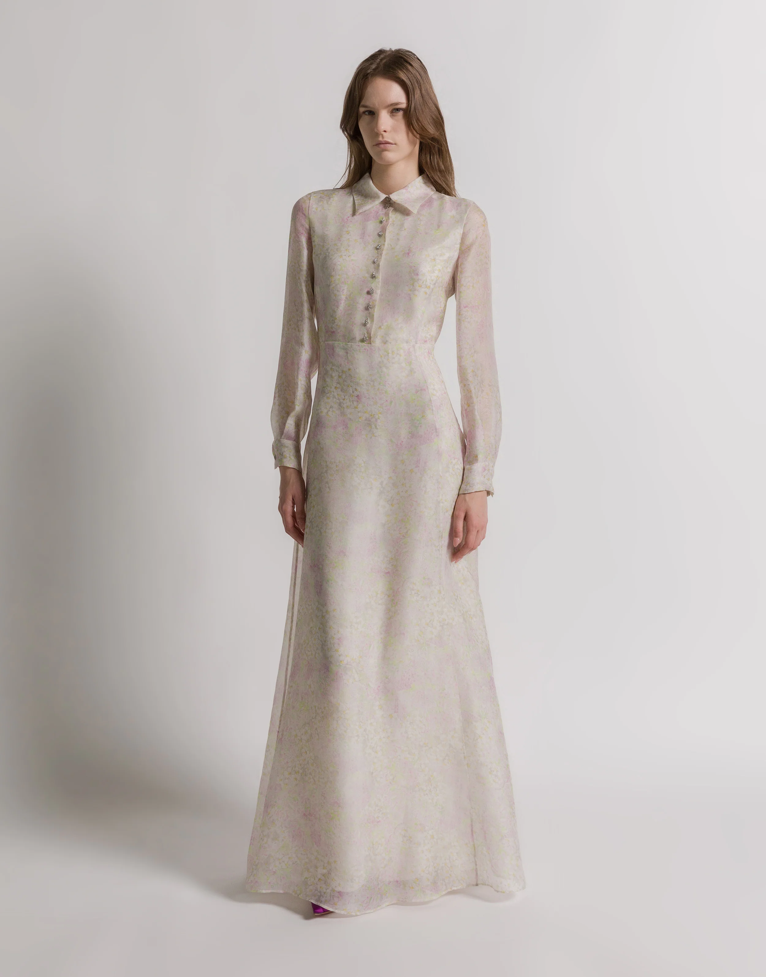 Abito camicia in organza di seta con stampa floreale