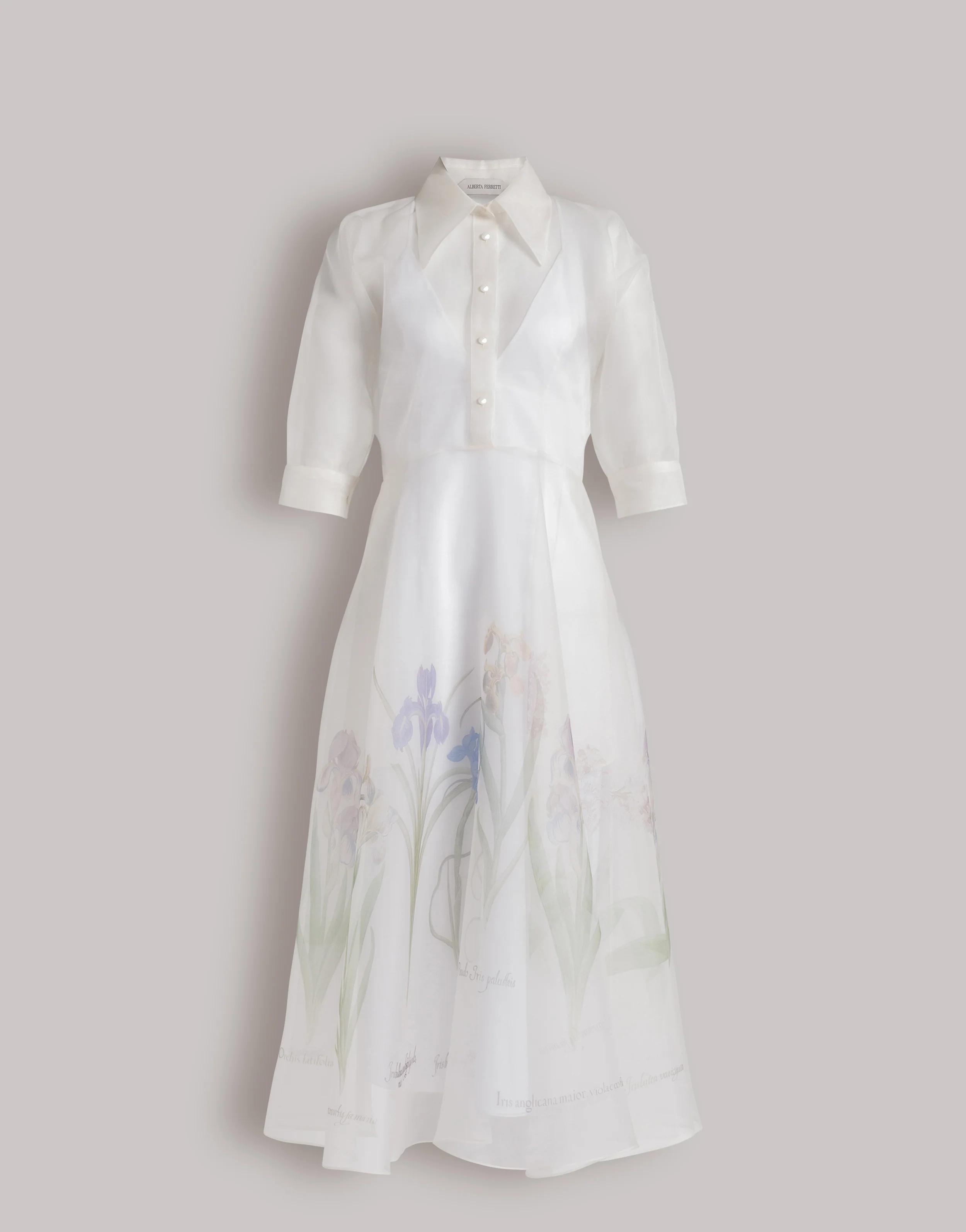 Abito camicia in organza di seta con stampa Iris