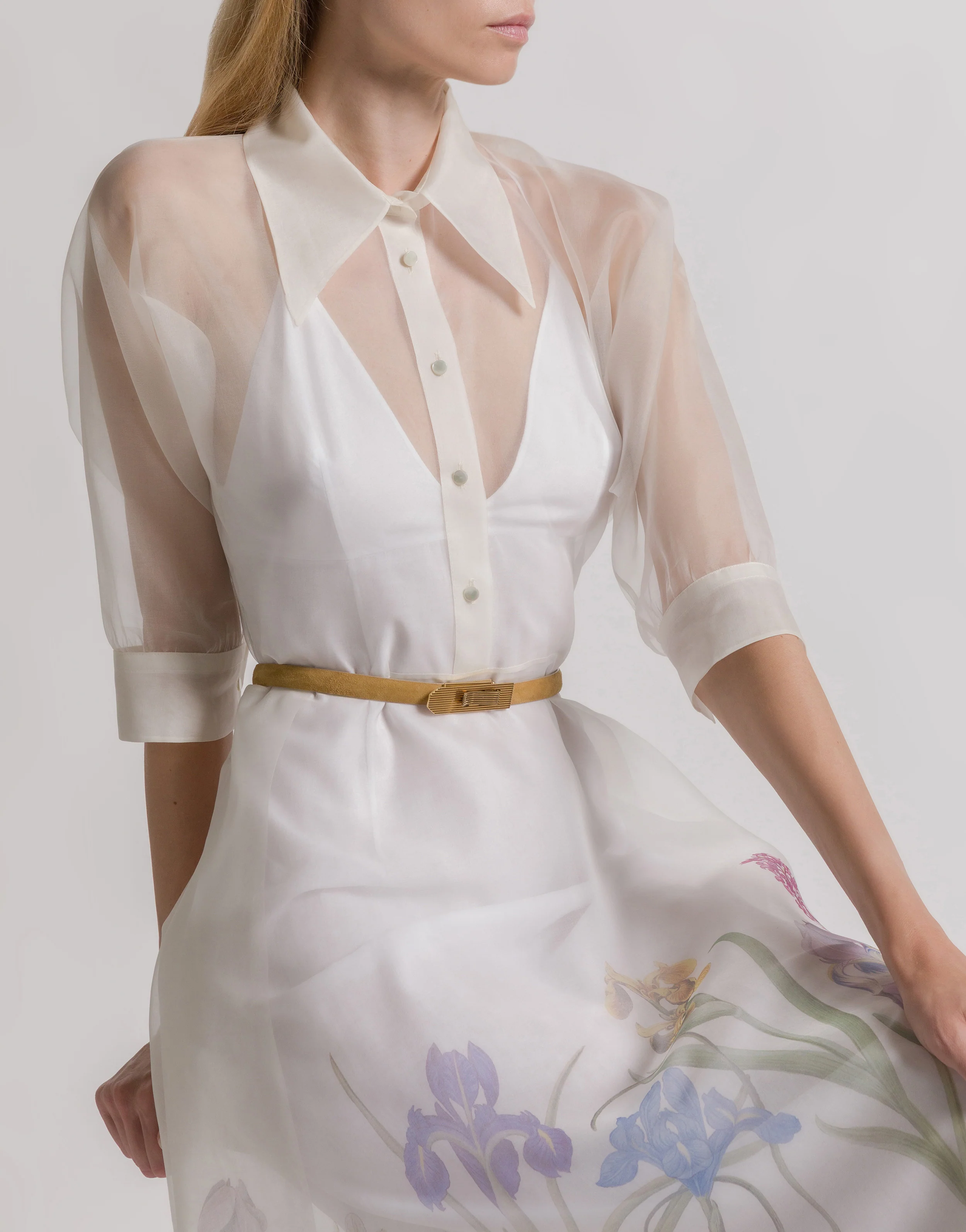 Abito camicia in organza di seta con stampa Iris - Image 4