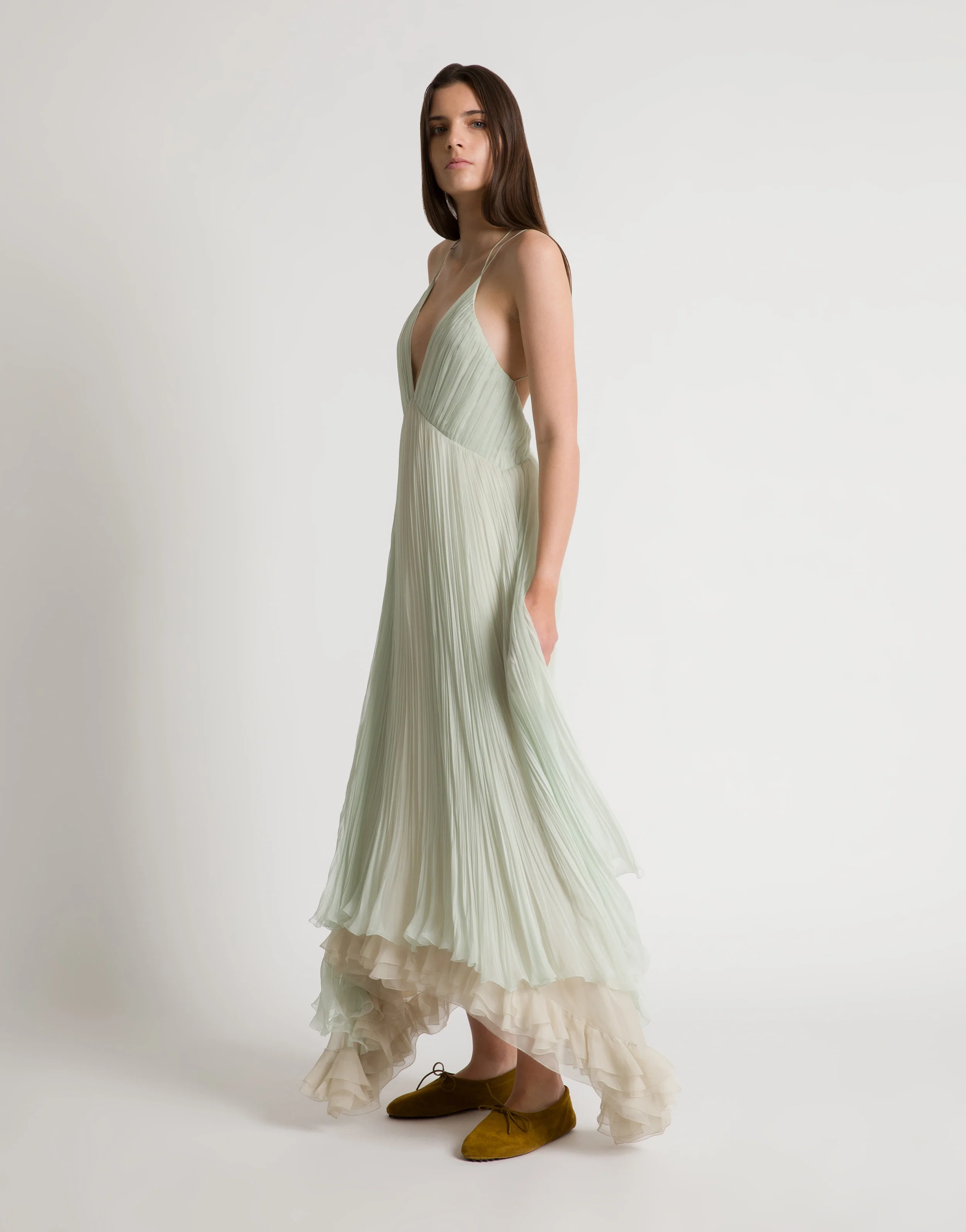 Abito lungo in chiffon plissé