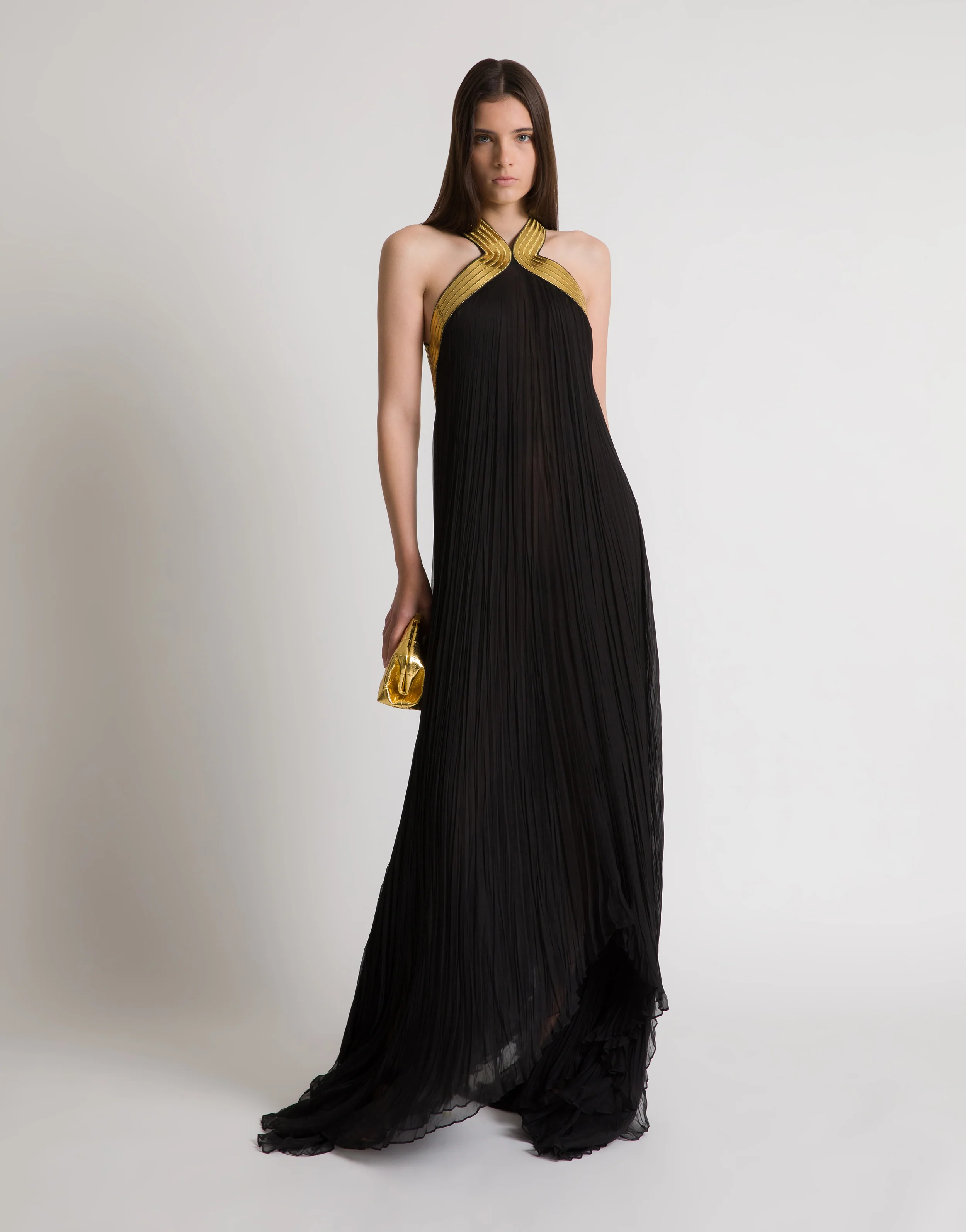 Abito lungo in chiffon plissé con ricami metallici - Image 2