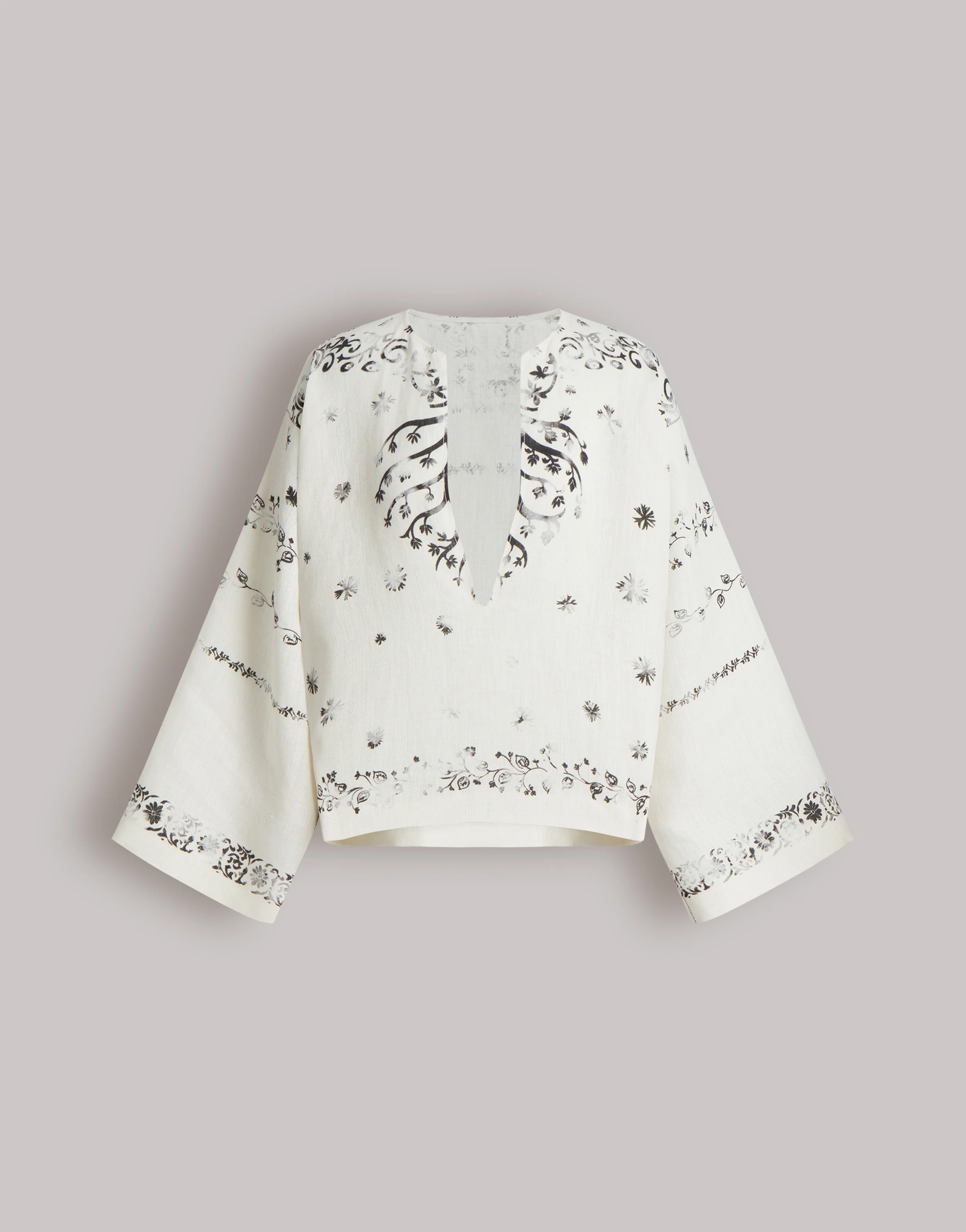 Camicia in lino stampato con scollo a V profondo
