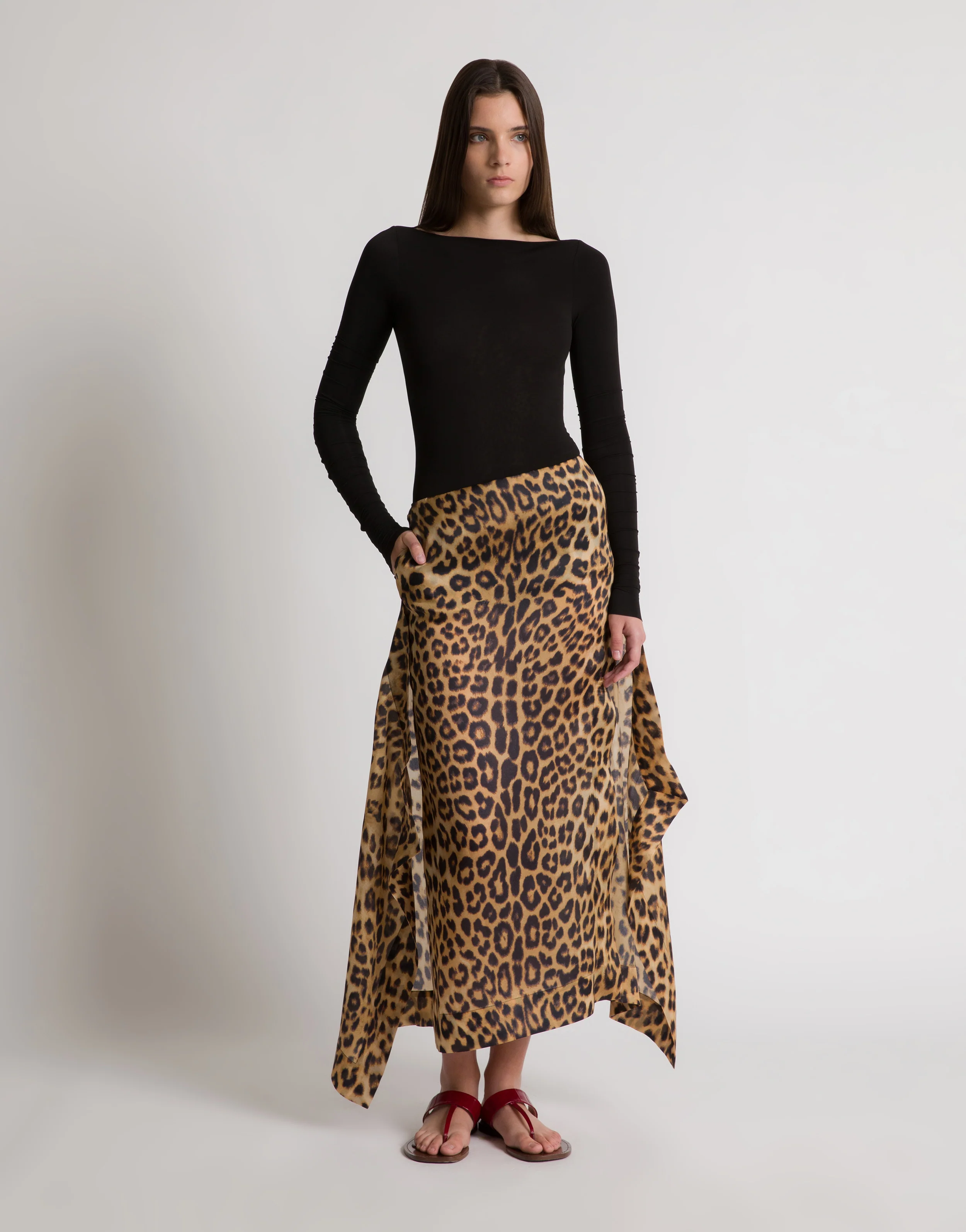 Gonna lunga in seta con stampa leopardata