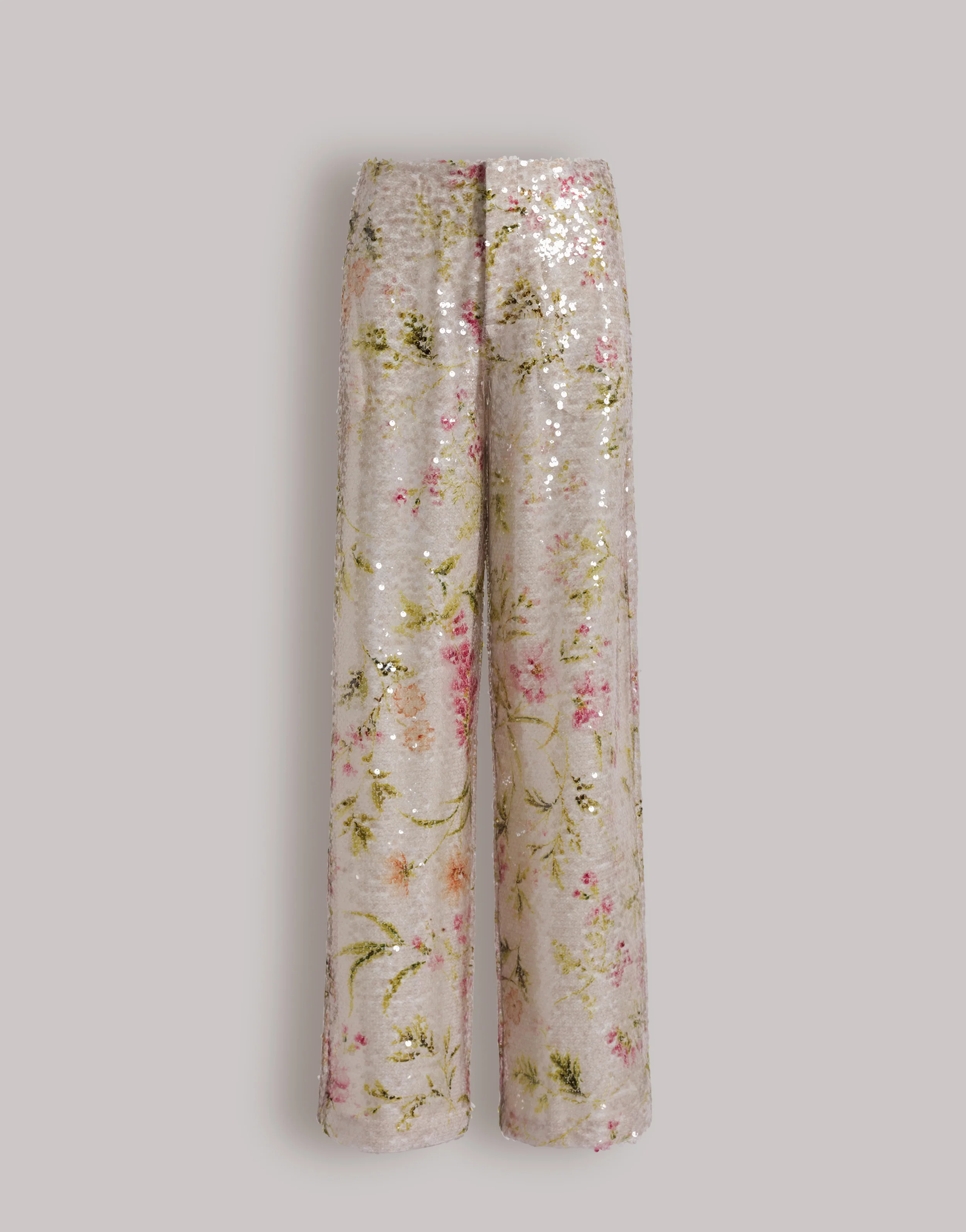 Pantaloni con paillettes a stampa floreale