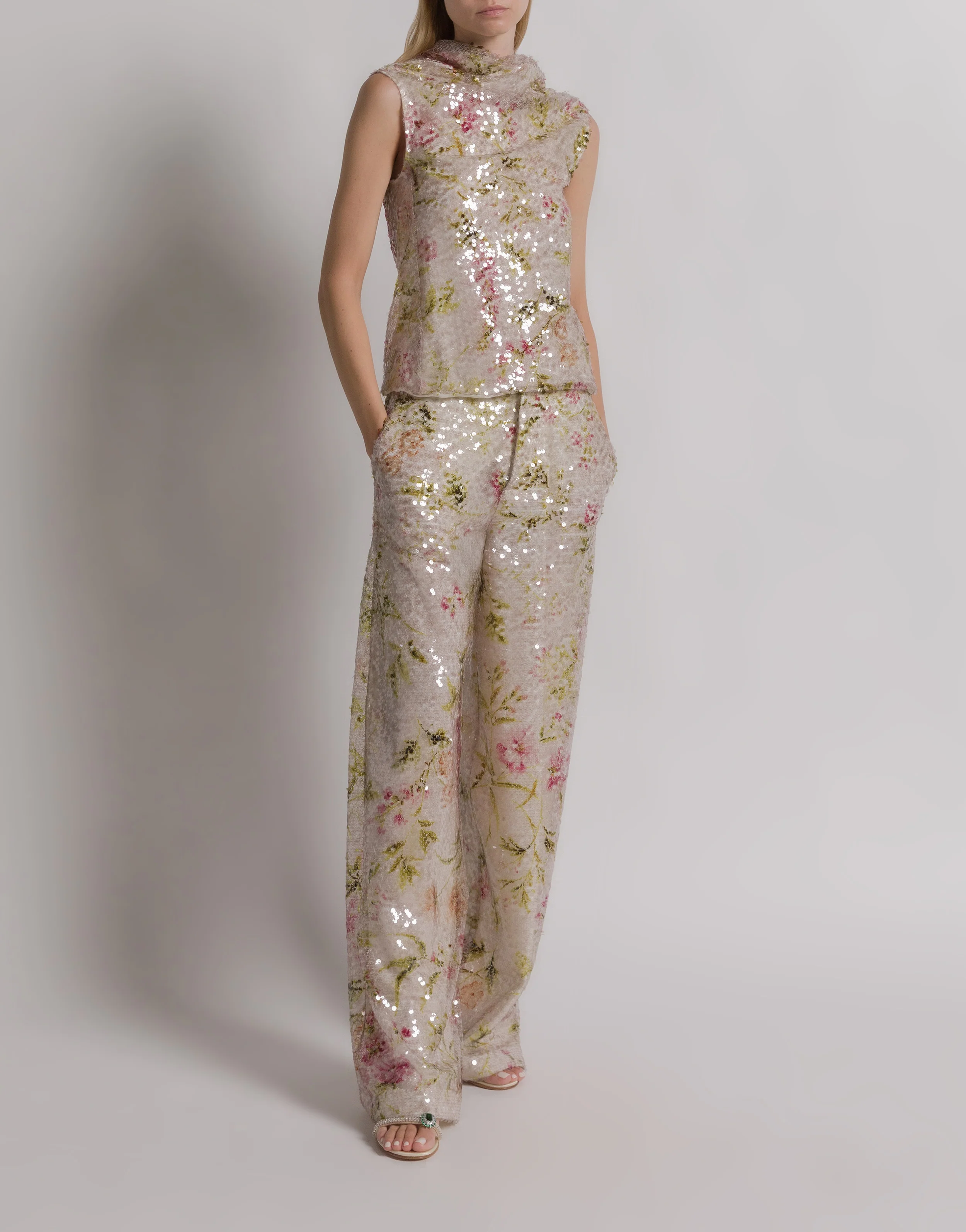 Pantaloni con paillettes a stampa floreale - Image 2